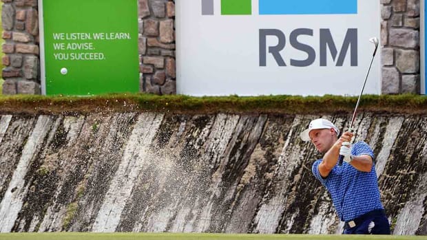 Ben Crane plays a shot from a bunker on the 17th hole during the first round of the 2021 RSM Classic at Sea Island, Ga.